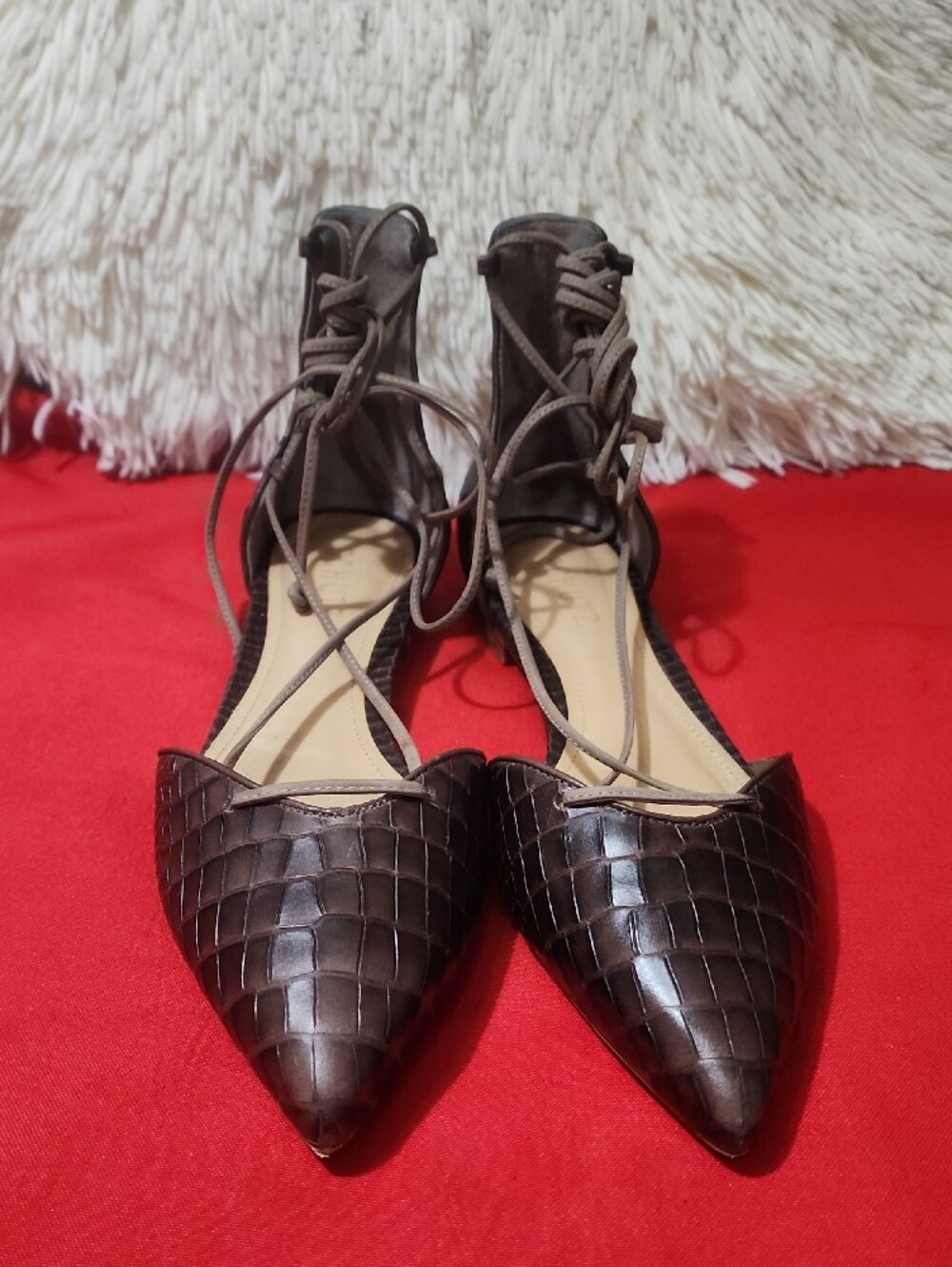 SCHUTZ Neida Pointed Lace-Up Flats in Dark Brown Croc-Embossed